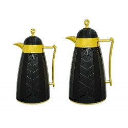 طقم ترامس شاهي لون أسود بمسكة ذهبي قطعتين حجم 0.75 لتر - 1 لتر