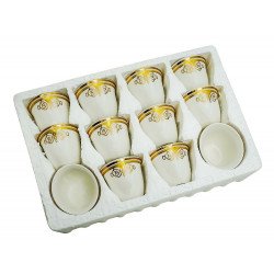 طقم فناجين قهوة سعودية 12 قطعة بلون سكري مزخرفة بالذهبي