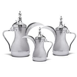 طقم دلة فضي كروم 3 قطع بمقاسات مختلفة  طقم دلة فضي كروم 3 قطع بمقاسات مختلفة