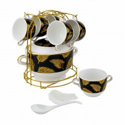 طقم زبديات شوربة لون ابيض برسمة اسود واصفر 21 قطعة طقم زبديات شوربة لون ابيض برسمة اسود واصفر 21 قطعة